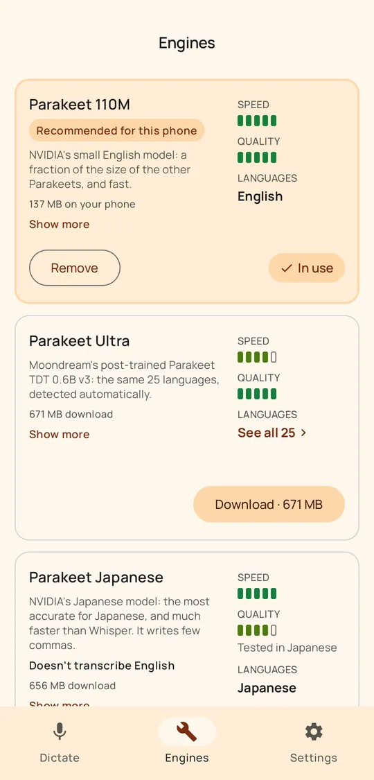 Engines tab with the engine recommended for this phone