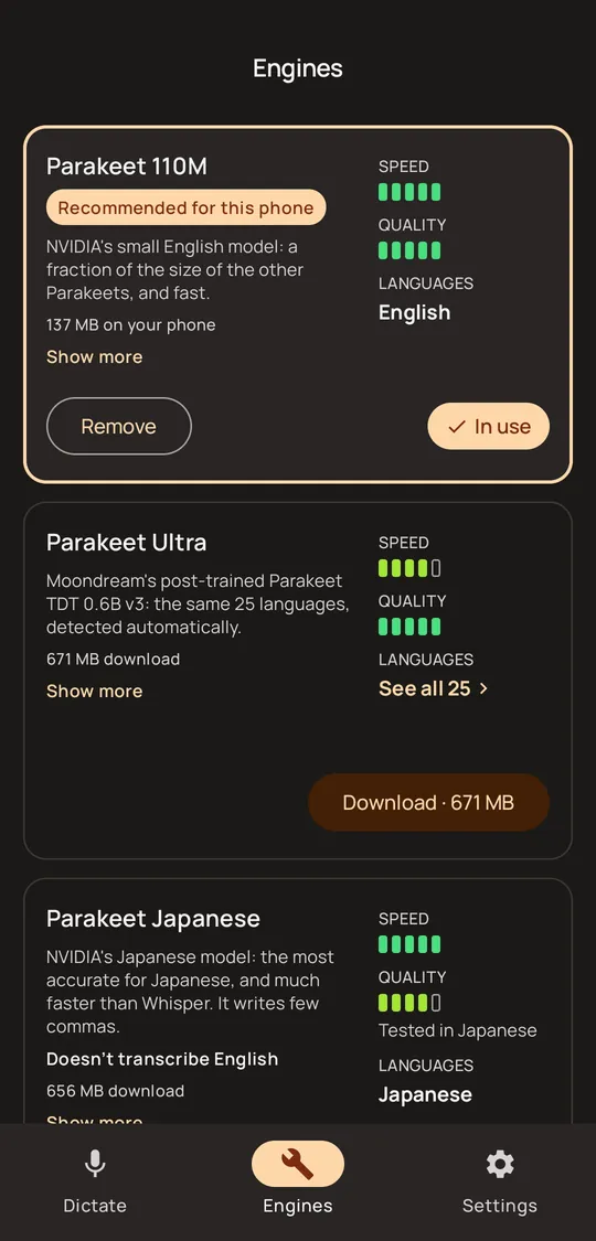 Engines tab in dark mode
