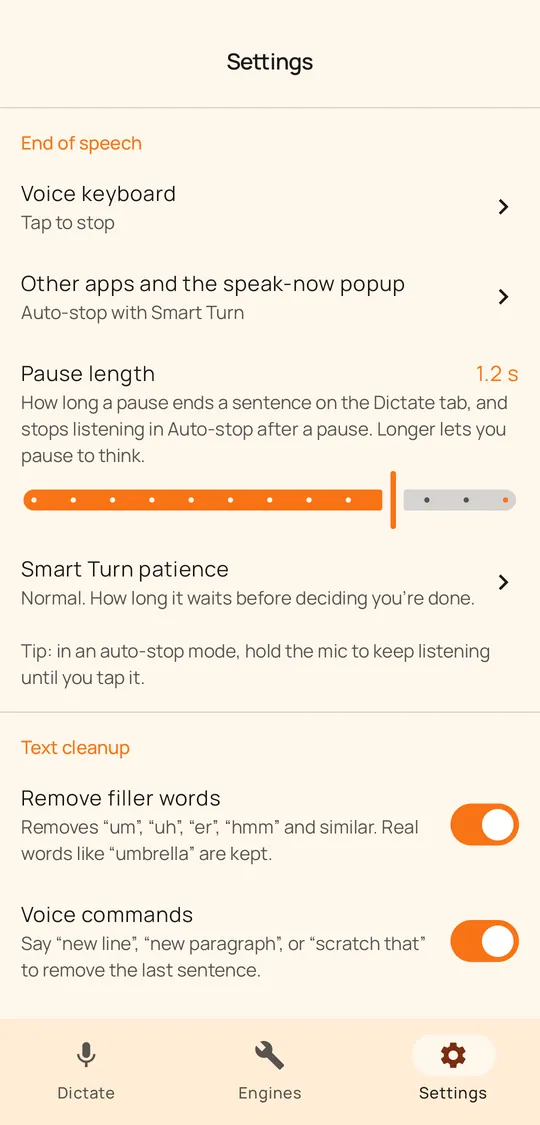 End of speech and text cleanup settings