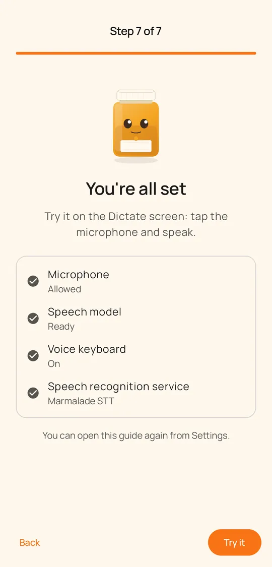Setup guide finished: microphone, speech model, voice keyboard and speech recognition service ready